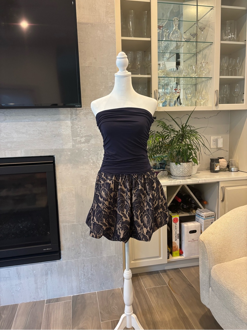 Vava by Joy Han Navy Strapless Bodice with Floral illusion Skirt